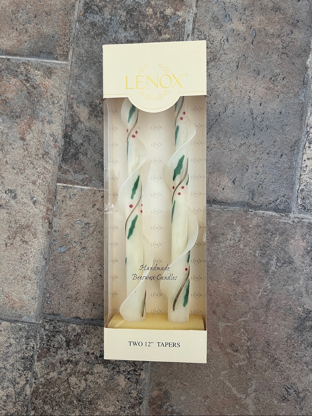 Vintage “Spiral Lenox Holly” Handcrafted Beeswax candles/tapers NIB (w2295)
